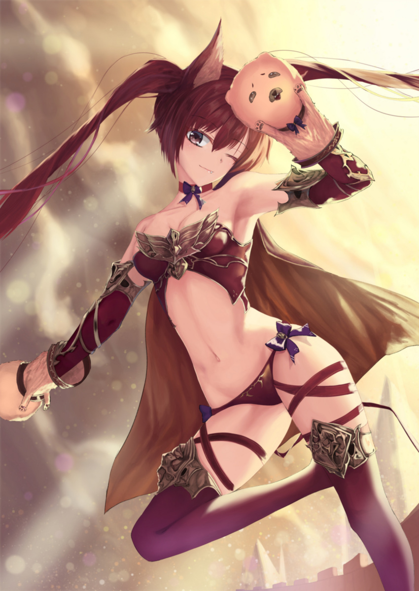 1girl absurdres animal_ears armpits bare_shoulders breasts brown_cape cat_ears cerberus_(shingeki_no_bahamut) choker dog_ears fang groin hand_puppet highres long_hair looking_at_viewer medium_breasts navel nekobell open_mouth puppet red_eyes redhead shadowverse solo standing thigh-highs twintails very_long_hair
