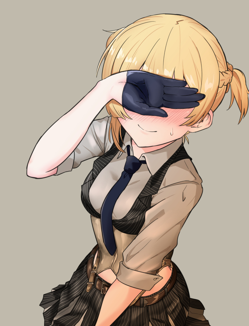 1girl absurdres bangs belt black_gloves blonde_hair blue_neckwear blush braid buckle collared_shirt corset covering_face cropped_vest embarrassed eyebrows_visible_through_hair facing_viewer french_braid girls_frontline gloves half_gloves hand_up highres holster looking_at_viewer midriff_peek necktie nemomo shirt short_hair sidelocks simple_background skirt sleeves_folded_up smile solo striped striped_skirt striped_vest sweatdrop thigh_holster twintails upper_body welrod_mk2_(girls_frontline) white_shirt