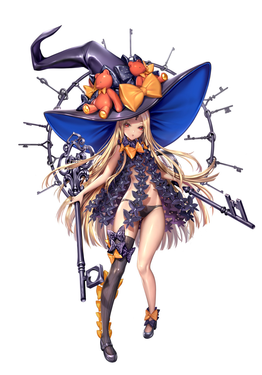 1girl :o abigail_williams_(fate/grand_order) absurdres ass_visible_through_thighs bangs bare_arms bare_legs bare_shoulders black_footwear black_gloves black_hat black_legwear blacl_bow blonde_hair bow dual_wielding facial_mark fate/grand_order fate_(series) forehead_mark full_body gloves hat hat_bow highres keychain large_bow long_hair looking_at_viewer mary_janes orange_bow oversized_object parted_bangs parted_lips polka_dot polka_dot_bow red_eyes revealing_clothes sammi_hisame shiny shiny_hair shiny_skin shoes simple_background single_thighhigh skull_print solo standing stomach stuffed_animal stuffed_toy teddy_bear thigh-highs tsurime very_long_hair white_background witch_hat