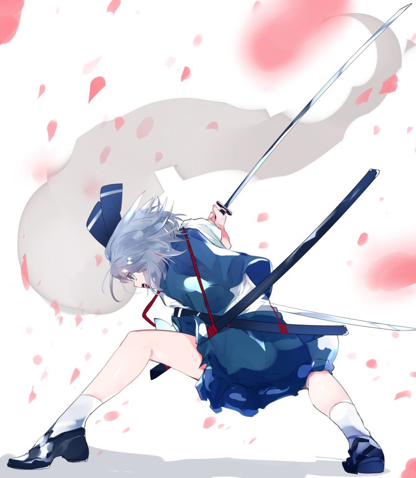 1girl bent_elbows bent_knees blue_eyes blue_hair bow commentary_request from_side full_body hair_bow highres hitodama holding holding_sword holding_weapon ikurauni konpaku_youmu legs_apart multicolored multicolored_background petals sheath short_hair skirt skirt_set socks solo sword touhou vest weapon white_legwear