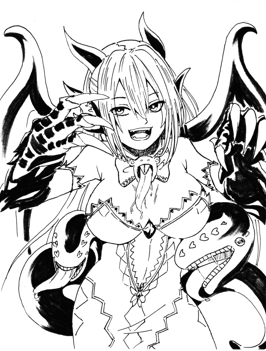 1girl :d animal_ears breasts claws commentary dragon_girl dress extra_mouth extra_tongue eyebrows_visible_through_hair gecho greyscale hair_between_eyes hand_up highres horns jabberwock_(monster_girl_encyclopedia) large_breasts looking_at_viewer monochrome monster_girl monster_girl_encyclopedia open_mouth simple_background smile solo standing tentacle white_background wings