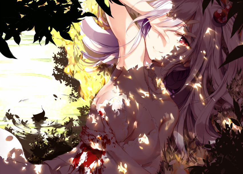1girl bare_shoulders blood breasts cleavage closed_mouth commentary_request dappled_sunlight day fallen_heaven hair_bobbles hair_ornament half-closed_eyes hand_on_own_face injury long_hair looking_at_viewer medium_breasts nail_polish one_eye_covered outdoors red_eyes red_nails shinki silver_hair smile solo sunlight tears touhou water