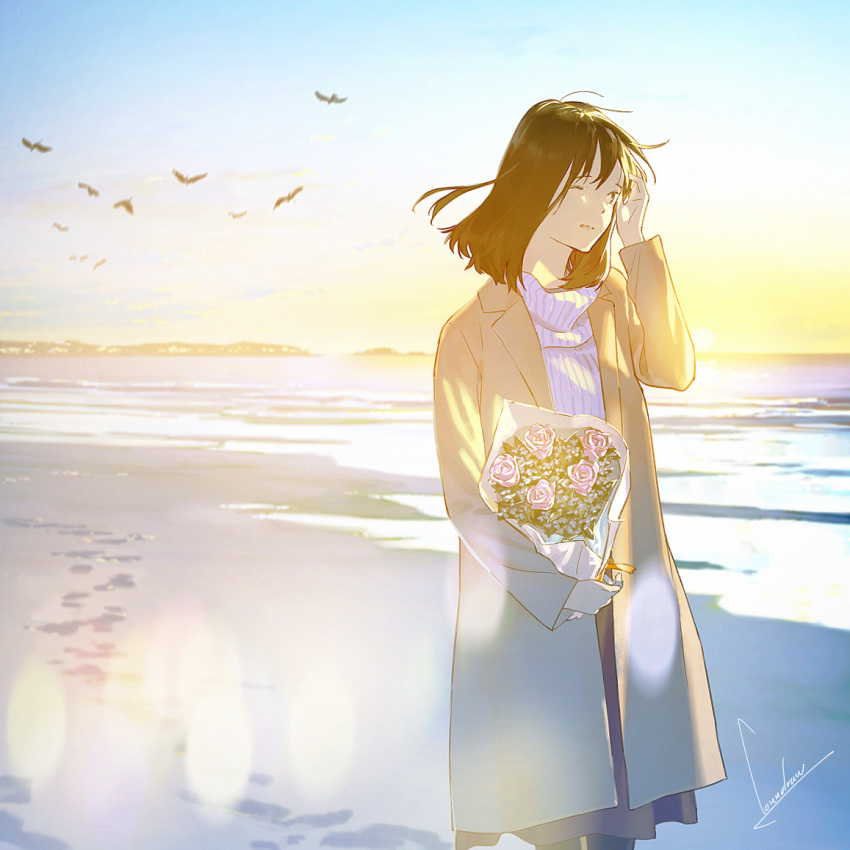 1girl beach bird bouquet brown_hair coat commentary_request flock flower footprints hand_up holding long_sleeves loundraw medium_hair ocean one_eye_closed original parted_lips pink_flower pink_rose rose sand signature smile solo sweater