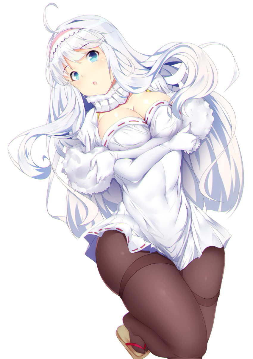 1girl absurdres ahoge azur_lane belfast_(azur_lane) black_legwear blue_eyes blush breasts cleavage elbow_gloves eyebrows_visible_through_hair gloves hairband highres huaimeng large_breasts long_hair looking_at_viewer pantyhose parted_lips sandals skirt solo white_gloves white_hair white_skirt