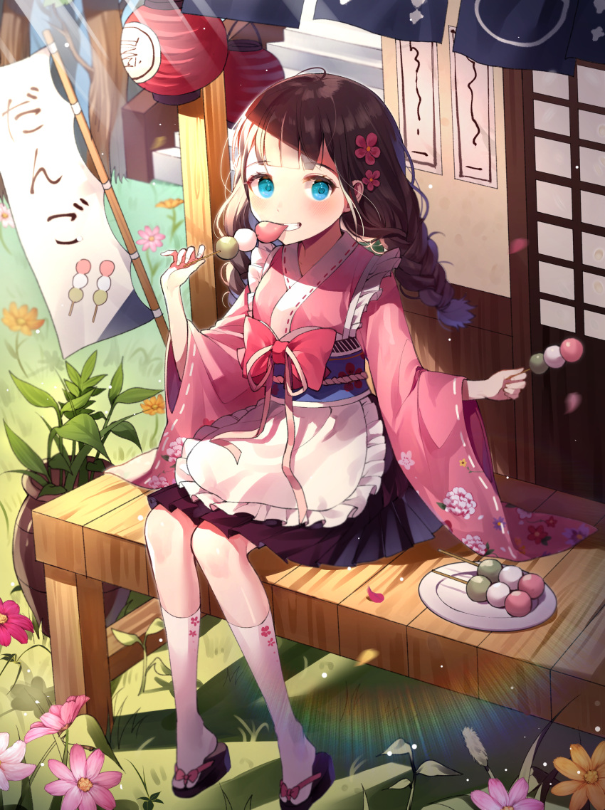 1girl absurdres apron azit_(down) bangs black_footwear black_skirt blue_eyes blue_sky braid brown_hair commentary_request dango day eyebrows_visible_through_hair fingernails floral_print flower food frilled_apron frills hair_flower hair_ornament highres holding holding_food japanese_clothes kimono kneehighs lantern long_sleeves low_twintails mouth_hold obi original outdoors paper_lantern pink_flower pink_kimono plate pleated_skirt print_kimono sanshoku_dango sash short_kimono sitting skirt sky solo sunlight tree twin_braids twintails wagashi waist_apron white_apron white_legwear wide_sleeves zouri