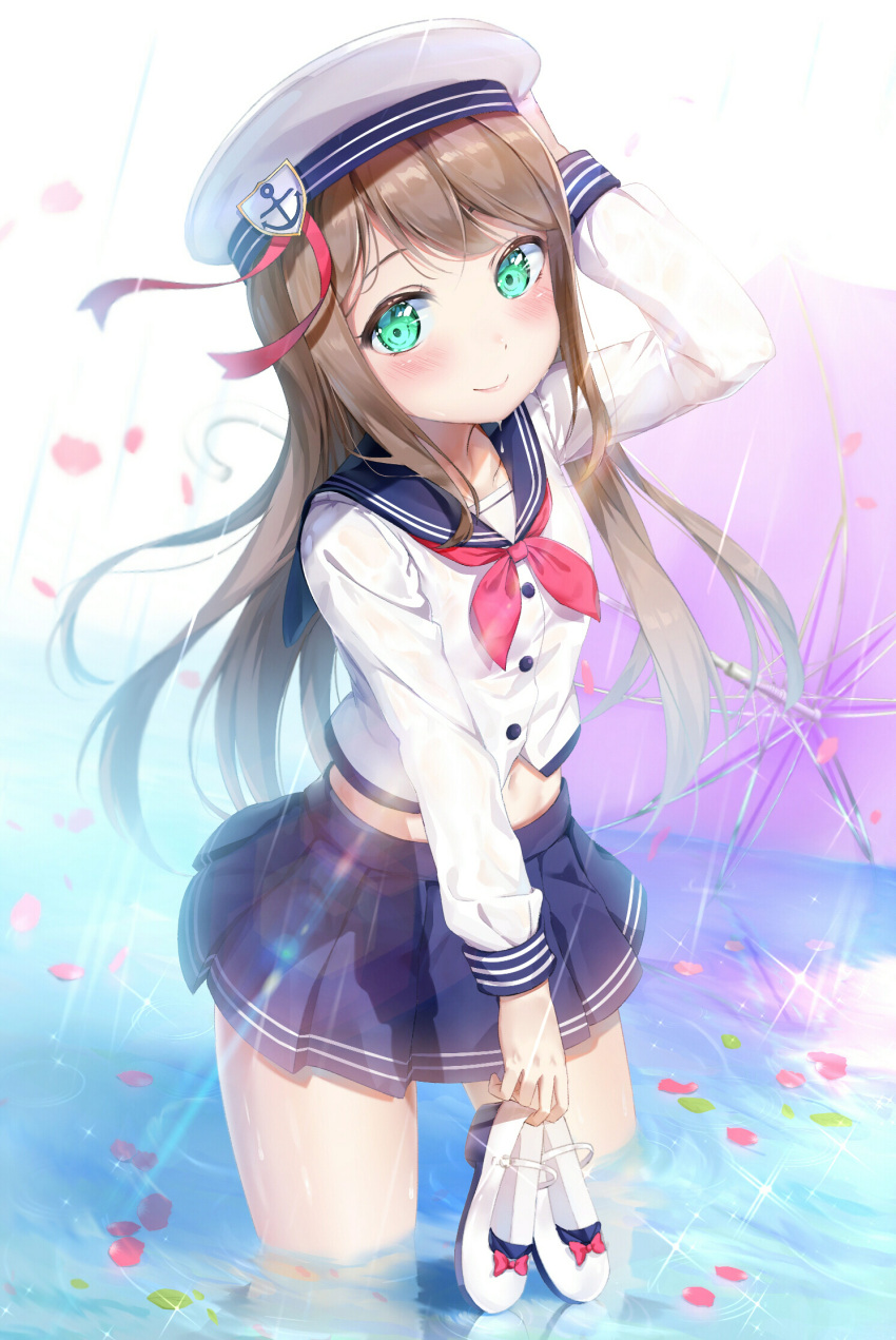 1girl aqua_eyes bangs blue_skirt blush brown_hair hachinatsu hand_on_headwear hat hat_ribbon highres holding holding_shoes long_hair long_sleeves looking_at_viewer miniskirt navel neckerchief original petals petals_on_water pleated_skirt red_neckwear red_ribbon ribbon sailor_hat school_uniform serafuku shoes shoes_removed skirt smile solo umbrella wading