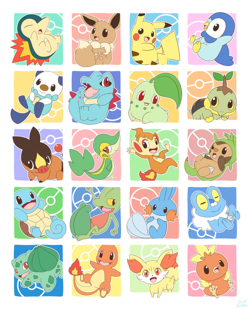 :d bird black_eyes blush_stickers brown_eyes bulbasaur charmander chespin chikorita chimchar closed_mouth commentary commentary_request creature cyndaquil eevee fennekin fiery_tail fire froakie gen_1_pokemon gen_2_pokemon gen_3_pokemon gen_4_pokemon gen_5_pokemon gen_6_pokemon happy highres lai_(pixiv1814979) looking_at_viewer mudkip multicolored multicolored_background no_humans open_mouth orange_eyes oshawott pikachu piplup pokemon pokemon_(creature) red_eyes sharp_teeth smile snivy squirtle teeth tepig torchic totodile treecko turtwig waving yellow_eyes