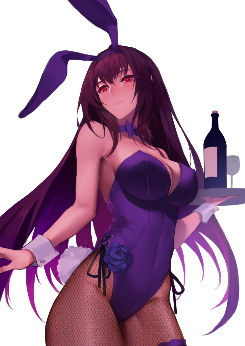 1girl absurdres animal_ears bangs bar bare_shoulders black_hair black_legwear bottle breasts bunny_tail bunnysuit cleavage closed_mouth fake_animal_ears fake_tail fate/grand_order fate_(series) fishnet_pantyhose fishnets hair_between_eyes highres holding holding_tray large_breasts leotard long_hair looking_at_viewer pantyhose purple_hair purple_leotard rabbit_ears reroi scathach_(fate/grand_order) sidelocks simple_background smile solo tail thighs tray very_long_hair violet_eyes white_background wine_bottle wrist_cuffs
