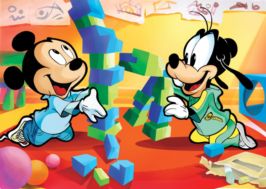 2boys ball black_eyes building_blocks chalk child disney dog dog_ears footwear goofy mickey_mouse mickey_mouse_(series) mouse mouse_ears no_humans open_mouth pants school shirt sweater young younger