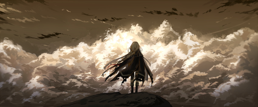 blonde_hair boots braid cape clouds evening floating_hair from_behind girls_frontline jacket knee_boots long_hair m16a1_(girls_frontline) multicolored_hair pants sangvis_ferri scenery silence_girl solo standing streaked_hair torn_cape very_long_hair white_hair wind wind_lift