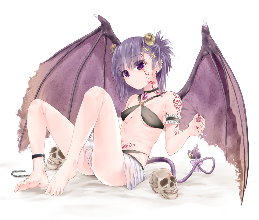 1girl arm_strap arm_tattoo barefoot black_choker breasts chains choker commentary_request demon_horns demon_tail demon_wings earrings eyebrows_visible_through_hair facial_tattoo frills full_body gabriel_dropout hair_ornament hairclip heart heart_earrings highres horns jewelry knees_up lock nail_polish o-ring_top padlock parted_lips purple_hair purple_nails sazanka short_hair simple_background sitting skirt skull small_breasts solo stomach_tattoo tail tattoo tsukinose_vignette_april violet_eyes white_background white_skirt wings