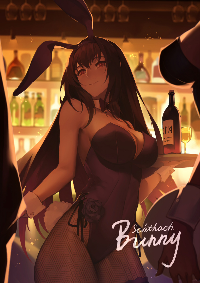 2girls absurdres animal_ears bangs bar bare_shoulders black_hair black_legwear bottle breasts bunny_tail bunnysuit character_name cleavage closed_mouth fake_animal_ears fake_tail fate/grand_order fate_(series) fishnet_pantyhose fishnets hair_between_eyes highres holding holding_tray large_breasts leotard long_hair looking_at_viewer multiple_girls pantyhose purple_hair purple_leotard rabbit_ears reroi scathach_(fate/grand_order) sidelocks smile solo_focus tail thighs tray very_long_hair violet_eyes wine_bottle wrist_cuffs