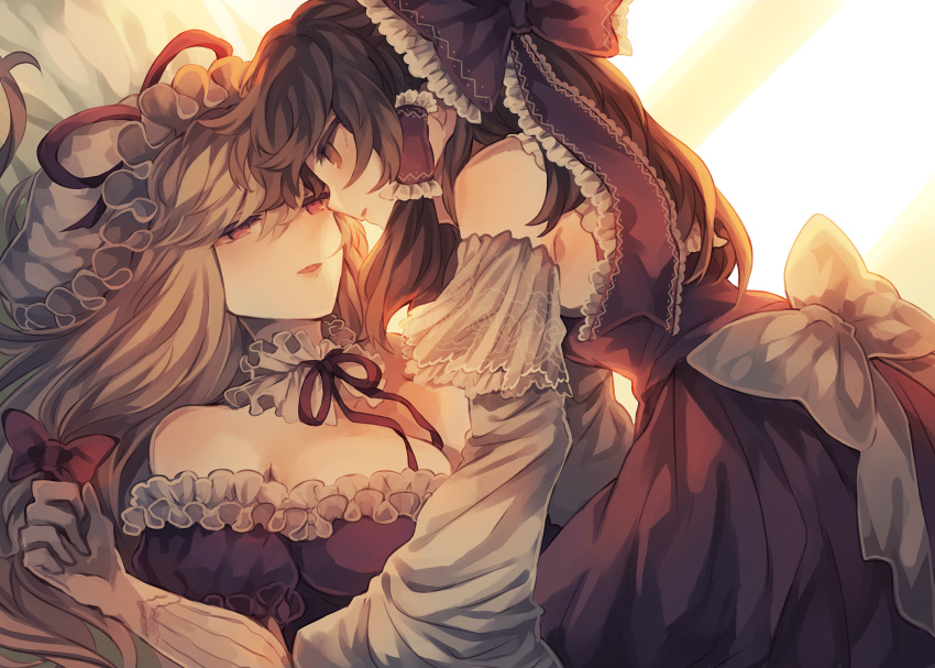 2girls bare_shoulders blonde_hair bow breasts brown_hair cleavage collar commentary_request detached_collar detached_sleeves dress eye_contact frilled_bow frilled_collar frilled_dress frills from_side gloves hair_bow hair_tubes hakurei_reimu hat hat_ribbon highres large_breasts long_hair long_sleeves looking_at_another lying mob_cap multiple_girls neck_ribbon off-shoulder_dress off_shoulder on_back parted_lips profile puffy_short_sleeves puffy_sleeves purple_dress red_bow red_dress red_eyes red_neckwear red_ribbon ribbon short_sleeves touhou white_bow white_gloves wide_sleeves wiriam07 yakumo_yukari yuri