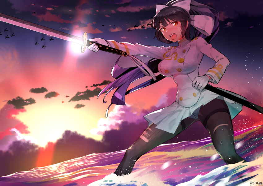 aiguillette azur_lane bird black_hair blush bow breasts clouds double-breasted dusk gloves hair_bow hair_flaps hanauna highres holding holding_sword holding_weapon in_water katana large_breasts looking_to_the_side military military_uniform miniskirt ocean open_mouth outdoors panties panties_under_pantyhose pantyhose pleated_skirt pointing_sword ponytail ribbon scabbard sheath skirt sky splashing standing_in_water submerged sunset sword takao_(azur_lane) thighband_pantyhose torn_clothes torn_pantyhose underwear uniform water weapon white_bow white_gloves white_ribbon white_skirt