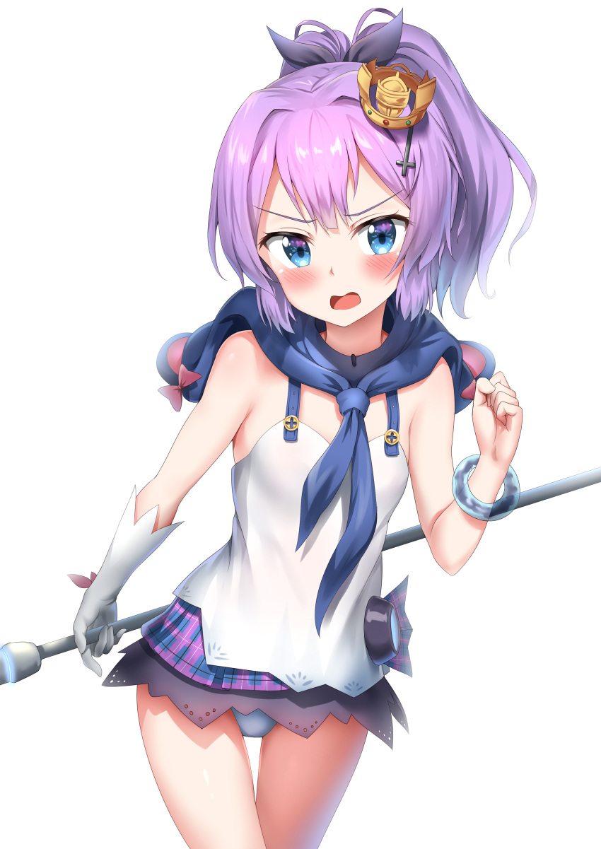 1girl :d absurdres azur_lane bangle bangs bare_shoulders black_ribbon blue_capelet blue_eyes blush bracelet cowboy_shot cross_hair_ornament crown elbow_gloves flat_chest gloves hair_ornament hair_ribbon highres holding holding_staff javelin_(azur_lane) jewelry layered_skirt looking_at_viewer microskirt nedia_(nedia_region) open_mouth panties pantyshot pantyshot_(standing) plaid plaid_skirt ponytail purple_hair purple_skirt ribbon shirt short_hair simple_background single_elbow_glove single_glove skirt sleeveless sleeveless_shirt smile solo staff standing thigh_gap thighs underwear v-shaped_eyebrows white_background white_gloves white_panties white_shirt