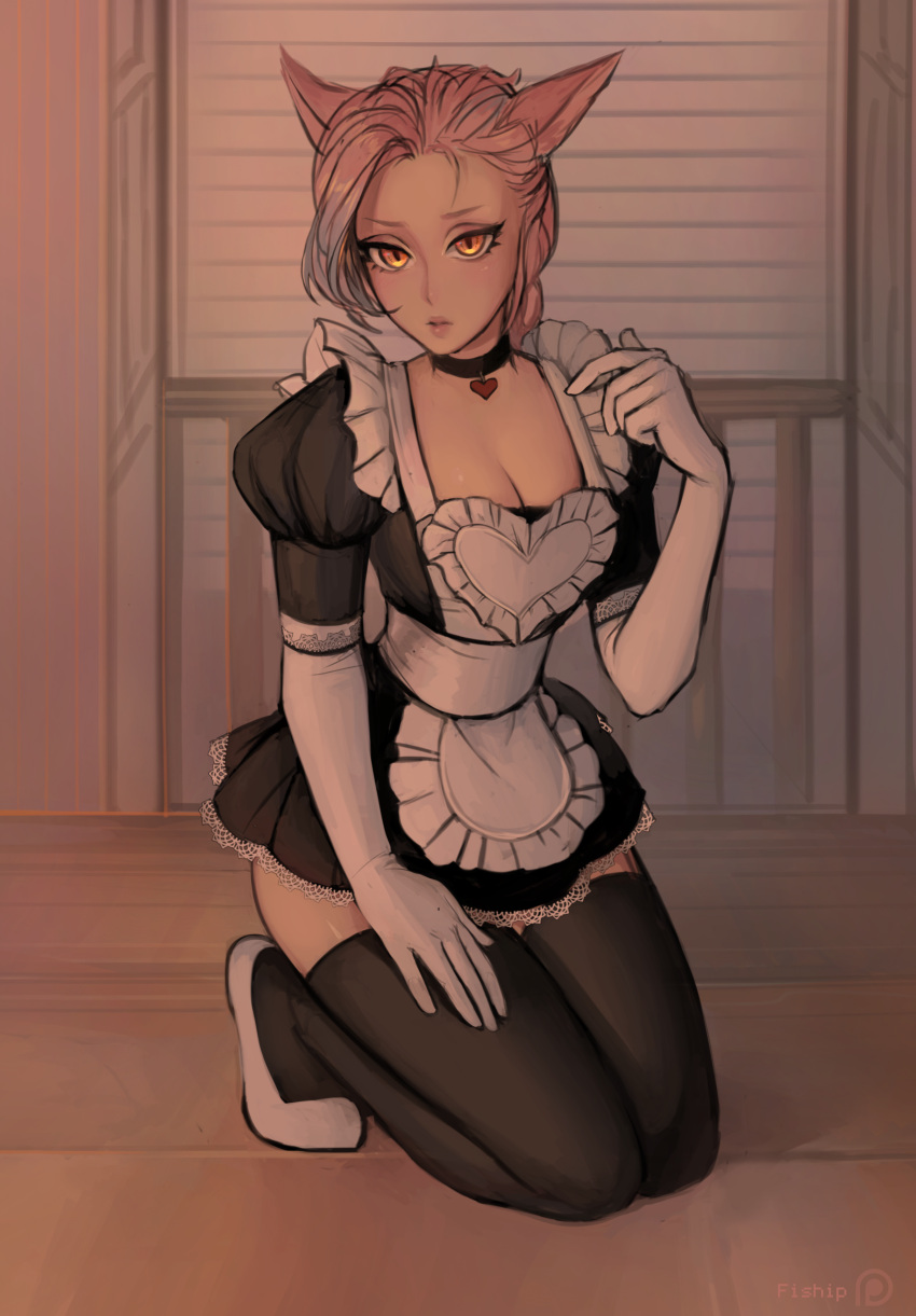 1girl absurdres animal_ears black_choker black_legwear choker commentary elbow_gloves final_fantasy final_fantasy_xiv frills full_body gloves hand_up heart heart_choker highres indoors kneeling looking_at_viewer maid matilda_vin miqo'te orange_eyes pink_hair puffy_sleeves short_sleeves sketch solo thigh-highs white_gloves