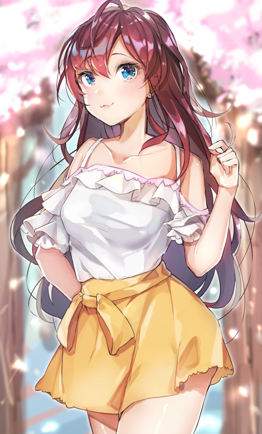1girl :3 absurdres ahoge bangs blue_eyes blush breasts brown_hair cherry_blossoms closed_mouth collarbone commentary_request day detached_sleeves earrings eyebrows_visible_through_hair flower_earrings highres ichinose_shiki idolmaster idolmaster_cinderella_girls jewelry lips long_hair looking_at_viewer medium_breasts outdoors petals skirt smile solo standing tree wavy_hair yayoichi_(yoruyoru108) yellow_skirt
