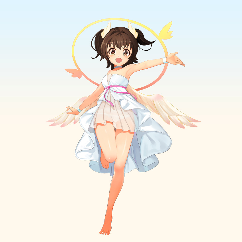 1girl :d absurdres akagi_miria arm_up armpits bangs bare_legs barefoot brown_eyes brown_hair choker collarbone dress feathered_wings full_body gradient gradient_background halo heart heart-shaped_pupils highres hpb8642 idolmaster idolmaster_cinderella_girls layered_dress leg_up looking_at_viewer open_mouth outstretched_arms pink_ribbon ribbon shiny shiny_hair shiny_skin short_hair smile solo standing standing_on_one_leg strapless strapless_dress symbol-shaped_pupils tareme thigh_gap two_side_up white_choker white_dress white_wings wing_hair_ornament wings wristband