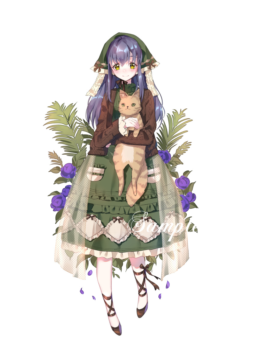 1girl absurdres animal ankle_ribbon bangs black_footwear black_hair blue_hair blush brown_sweater cardigan cat chin_strap dress flats flower frilled_dress frills full_body green_dress head_scarf highres holding holding_animal holding_cat long_hair long_sleeves looking_at_viewer original overskirt palm_leaf purple_flower ribbon sample sidelocks simple_background smile solo white_background yellow_eyes yuzhi
