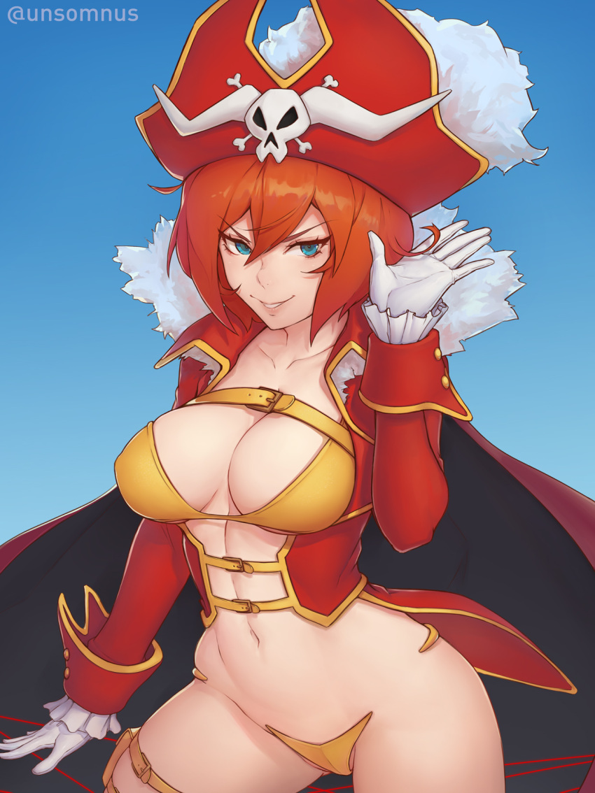 1girl belt blue_eyes breasts cape cleavage collarbone eyebrows_visible_through_hair frilled_sleeves frills gloves grin hat highres lalaco_godspeed large_breasts lips long_sleeves looking_at_viewer navel parted_lips pirate pirate_hat pouch redhead revealing_clothes short_hair skull_and_crossbones smile solo thigh_pouch thigh_strap uchuu_patrol_luluco unsomnus white_gloves