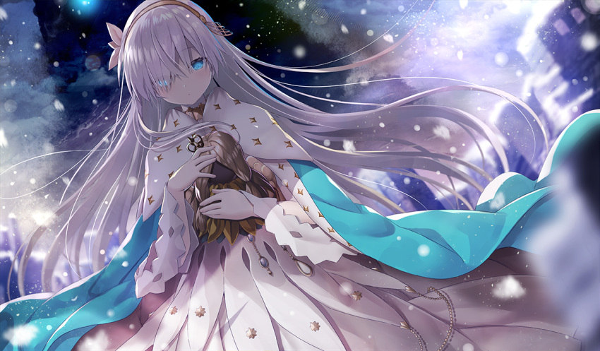 1girl anastasia_(fate/grand_order) blue_eyes cape commentary doll dress fate/grand_order fate_(series) hair_over_one_eye hairband holding holding_doll long_hair looking_at_viewer silver_hair snow snowing solo very_long_hair yano_mitsuki