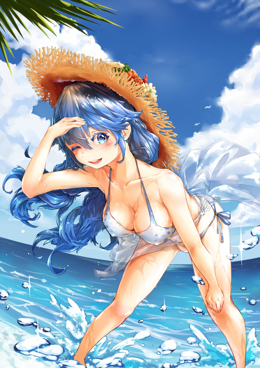 1girl ;d bikini bird blue_eyes blue_hair blue_sky blush breasts cleavage clouds colored_eyelashes erect_nipples gluteal_fold hat highres large_breasts leaning_forward long_hair one_eye_closed open_mouth original sarong seagull shading_eyes sky smile splashing strap_gap straw_hat swimsuit wading wei_yu