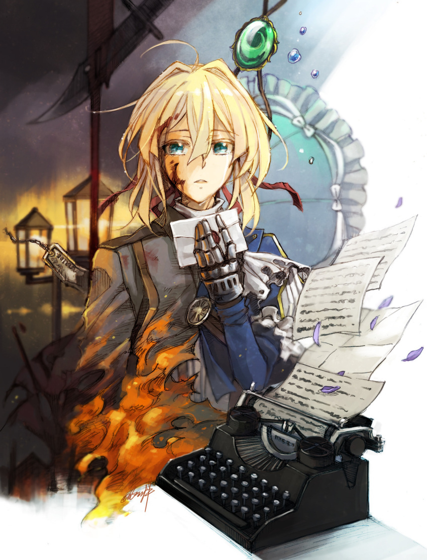 1girl bangs blonde_hair blood blood_on_face bloody_hair blue_eyes blue_jacket brooch crying crying_with_eyes_open dress envelope eyebrows_visible_through_hair fire hair_between_eyes hair_intakes hair_ribbon highres holding_letter jacket jewelry knife lamppost letter long_sleeves looking_at_viewer military military_uniform ookaminoki paper petals prosthesis prosthetic_arm prosthetic_hand red_ribbon ribbon solo tears typewriter uniform violet_evergarden violet_evergarden_(character) water water_drop
