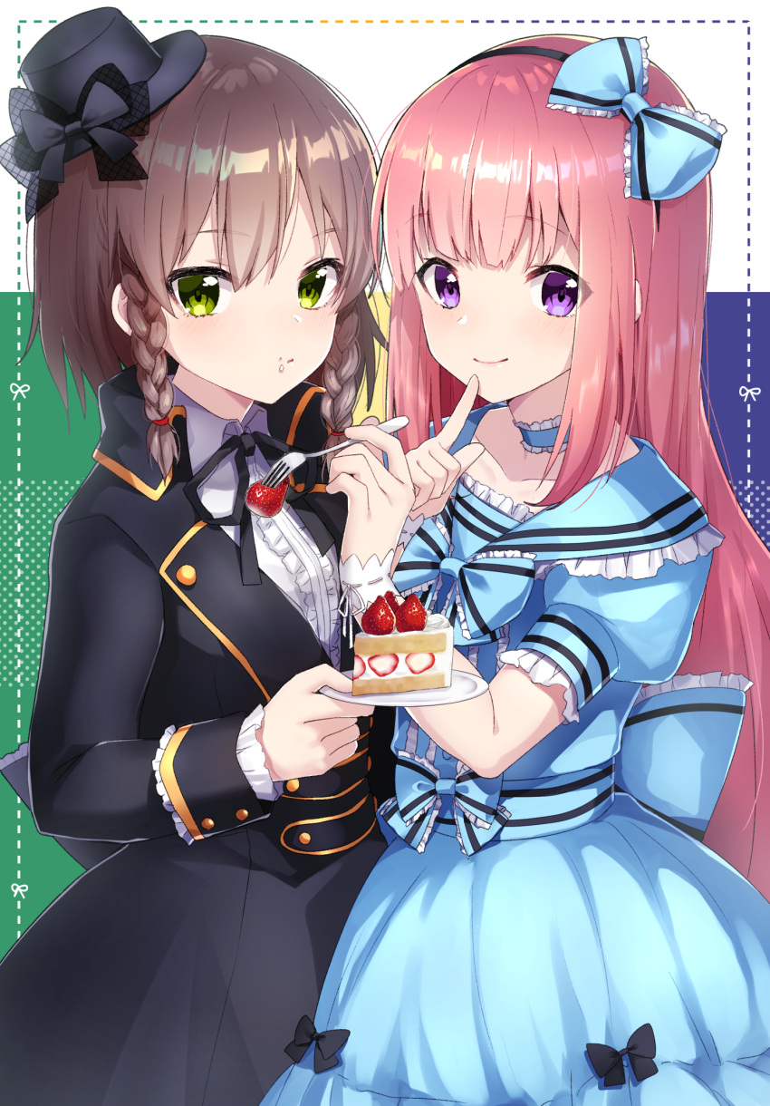 1boy 1girl bangs black_bow black_dress black_hat black_neckwear blue_bow blue_dress blue_neckwear bow bowtie braid brown_hair center_frills commentary_request dress finger_to_mouth food food_on_face fork frills fruit gothic_lolita green_eyes hair_bow hair_tie hairband hat hat_bow highres holding holding_plate ichiren_namiro index_finger_raised lolita_fashion long_hair long_sleeves looking_at_viewer neck_ribbon original pink_hair plate ribbon ribbon_trim sash short_sleeves side_braid smile strawberry strawberry_shortcake sweet_lolita trap violet_eyes wrist_cuffs