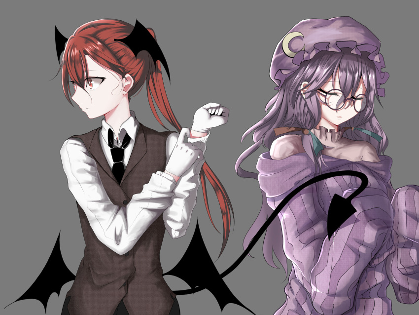 2girls alternate_costume black_neckwear black_wings closed_eyes collared_shirt crescent crescent_moon_pin demon_tail glasses gloves grey_background hair_between_eyes hands_up hat head_wings highres koakuma long_hair mob_cap multiple_girls necktie off-shoulder_sweater patchouli_knowledge ponytail purple_hair purple_hat purple_sweater red_eyes redhead ribbed_sweater shirt simple_background sleeves_past_wrists sweater tail touhou trap_(drthumt) upper_body vest white_gloves white_shirt wing_collar wings