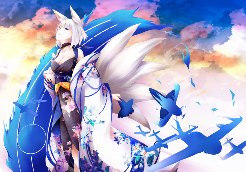 1girl absurdres aircraft airplane animal_ears azur_lane bangs blue_eyes blunt_bangs blush breasts cleavage clouds cloudy_sky collarbone evening eyebrows_visible_through_hair floral_print fox_ears fox_tail fudo_shin highres holding japanese_clothes kaga_(azur_lane) kimono large_breasts long_hair looking_at_viewer multiple_girls multiple_tails obi sash short_hair skirt sky smile solo tail thighs white_hair wide_sleeves