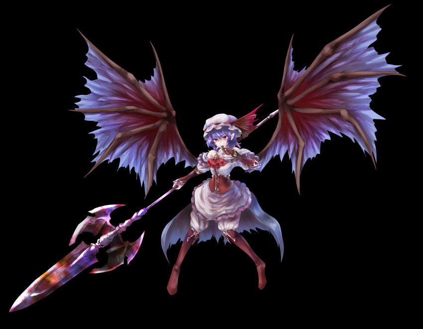 absurdres bat_wings black black_background finger_to_mouth floating flying hat highres holding holding_weapon kushidama_minaka pointy_ears remilia_scarlet smile the_embodiment_of_scarlet_devil touhou weapon wings