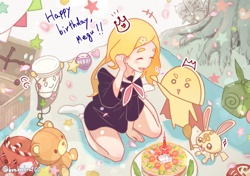 +++ 1girl :d ^_^ animal between_legs black_dress blonde_hair blush bobby_socks brat cake character_name closed_eyes commentary_request crown dress food hand_between_legs happy_birthday harohapi!_shinonome_megu-chan_no_oheya heart holding long_hair long_sleeves mini_crown no_shoes open_mouth pennant picnic picnic_basket rabbit sailor_collar sailor_dress shinonome_megu smile socks solo star string_of_flags stuffed_animal stuffed_octopus stuffed_toy teddy_bear thick_eyebrows tree very_long_hair virtual_youtuber white_legwear white_sailor_collar