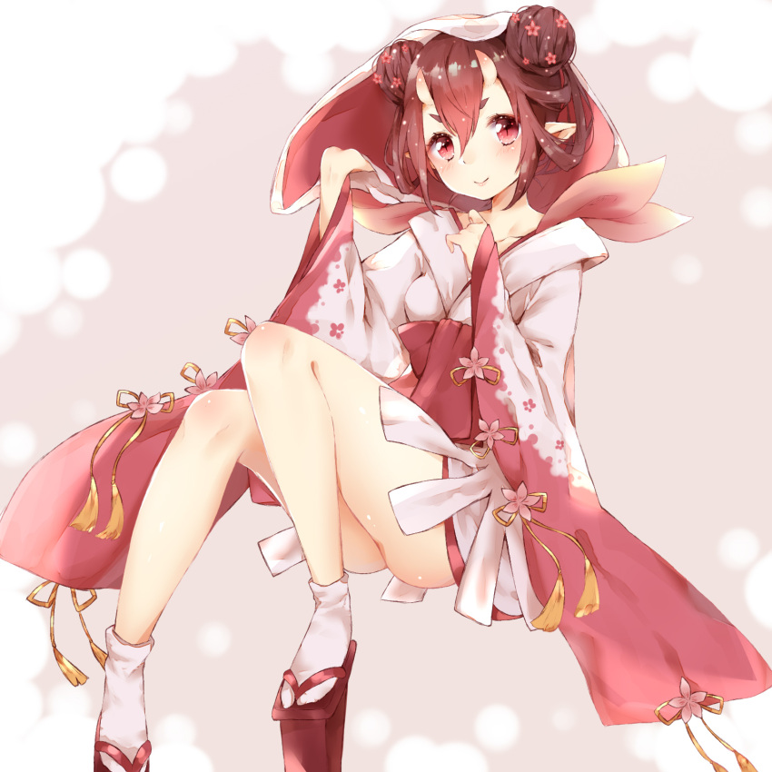 1girl blush brown_hair clog_sandals closed_mouth collarbone demon_girl double_bun floral_print flower hair_between_eyes hair_flower hair_ornament highres horns japanese_clothes kimono looking_at_viewer manatsuki_manata momo_(onmyoji) oni_horns onmyoji peach_blossom pink_eyes pink_flower pink_kimono pointy_ears red_eyes sandals sitting smile solo tabi thick_eyebrows wide_sleeves