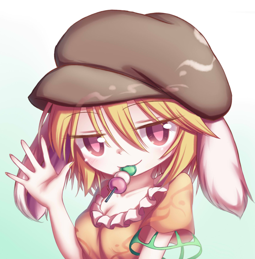 1girl :3 animal_ears aqua_background blonde_hair blouse breasts cleavage collarbone dango dior-zi eyebrows_visible_through_hair flat_cap floppy_ears food food_in_mouth gradient gradient_background hair_between_eyes hand_up hat highres looking_at_viewer mouth_hold open_hand orange_blouse rabbit_ears red_eyes ringo_(touhou) sanshoku_dango short_hair short_sleeves simple_background small_breasts solo touhou upper_body wagashi