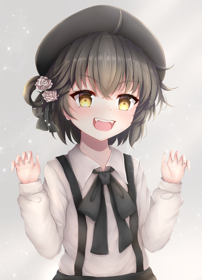 1girl :d bangs beret black_bow black_hat black_ribbon black_skirt blush bow brown_eyes brown_hair claw_pose collared_shirt endsmall_min eyebrows_visible_through_hair fangs fingernails flower hair_between_eyes hair_flower hair_ornament hair_ribbon hair_rings hands_up hat hatoba_tsugu hatoba_tsugu_(character) highres long_sleeves looking_at_viewer open_mouth ribbon rose shirt skirt smile solo suspender_skirt suspenders v-shaped_eyebrows virtual_youtuber white_flower white_rose white_shirt