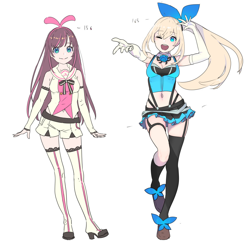 2girls a.i._channel absurdres bangs bare_shoulders black_legwear blonde_hair blue_eyes blue_flower blue_ribbon blue_rose blush boots bow breasts brown_footwear brown_hair cleavage closed_mouth collar commentary detached_sleeves elbow_gloves eyebrows_visible_through_hair flower gloves hair_ribbon hairband height_difference high_heel_boots high_heels highres kizuna_ai long_hair looking_at_viewer mirai_akari mirai_akari_project mismatched_legwear multicolored_hair multiple_girls nagisa_kurousagi navel one_eye_closed open_mouth pink_bow pink_hair ribbon rose sailor_collar shoes shorts side_ponytail skirt smile streaked_hair suspender_skirt suspenders thigh-highs virtual_youtuber white_gloves white_shorts zettai_ryouiki