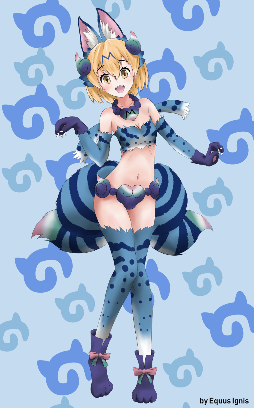 1girl :d absurdres animal_ears artist_name bare_shoulders blonde_hair boots breasts claws commentary elbow_gloves english_commentary equus_ignis eyebrows_visible_through_hair fangs full_body gloves hair_between_eyes highres japari_symbol kemono_friends looking_at_viewer medium_breasts midriff multiple_tails navel open_mouth paw_gloves paws serval_(kemono_friends) shiisaa_right shiserval_right short_hair simple_background smile solo striped_tail tail thigh-highs yellow_eyes