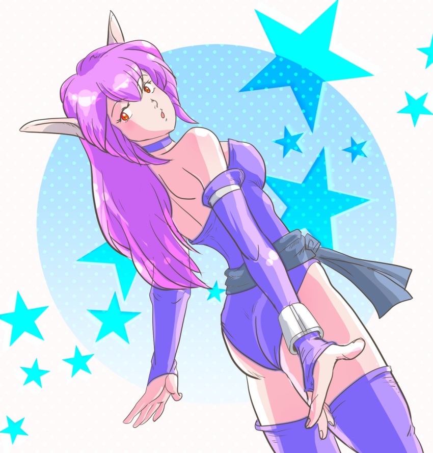 1girl ass bb9_megadrive choker commentary_request dutch_angle fantasy game_console highres leotard long_hair looking_back mutant nei phantasy_star phantasy_star_ii pointy_ears purple_hair red_eyes science_fiction sega_mega_drive star_(symbol) starry_background waistband
