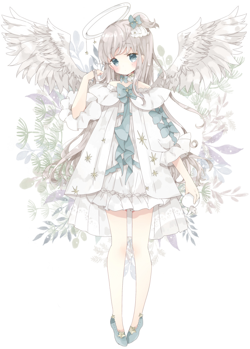 1girl absurdres bangs blue_bow blue_eyes blue_footwear blush bow closed_mouth dress eyebrows_visible_through_hair feathered_wings hair_bow halo head_tilt highres holding long_hair long_sleeves one_side_up original shoes silver_hair solo standing star tsukiyo_(skymint) very_long_hair white_background white_dress white_wings wings