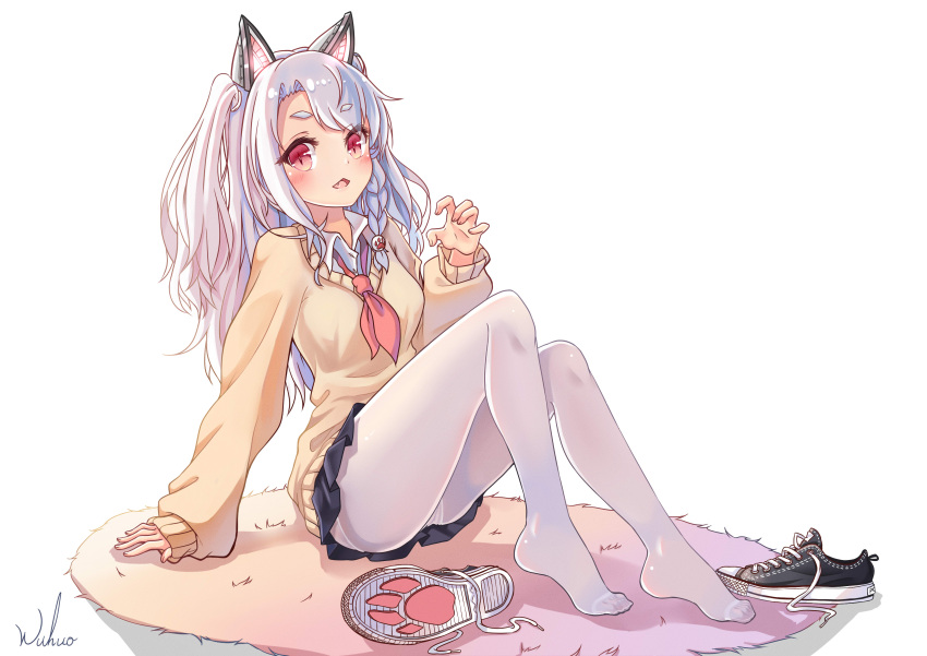 1girl :d absurdres alternate_costume animal_ears azur_lane black_footwear black_skirt blush braid breasts carpet claw_pose collared_shirt converse eyebrows_visible_through_hair eyelashes fake_animal_ears fang full_body hair_ornament highres knees_up long_hair long_sleeves looking_at_viewer mechanical_ears medium_breasts miniskirt one_side_up open_mouth panties panties_under_pantyhose pantyhose pleated_skirt red_eyes shirt shoes shoes_removed side_braid simple_background sitting skirt sleeves_past_wrists slit_pupils smile sneakers solo sweater tareme thick_eyebrows underwear white_background white_hair white_legwear wing_collar wolf_ears wuhuo yellow_sweater yuudachi_(azur_lane)