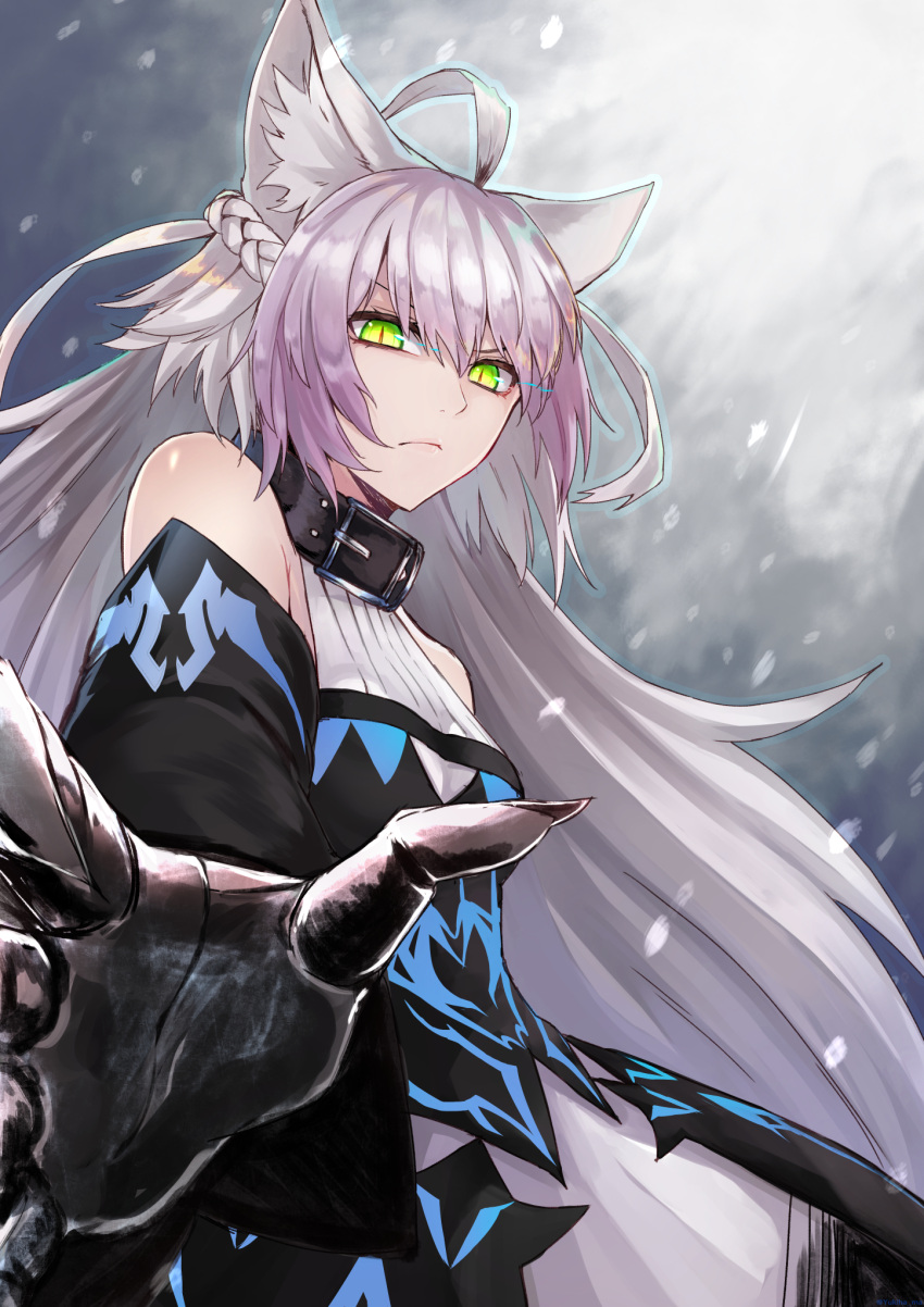 1girl ahoge animal_ears atalanta_(alter)_(fate) atalanta_(fate) bangs bare_shoulders black_legwear braid breasts claws closed_mouth collar commentary_request detached_sleeves dress fate/grand_order fate_(series) green_eyes hair_between_eyes highres long_hair multicolored_hair outstretched_arm serious silver_hair solo standing yukihama