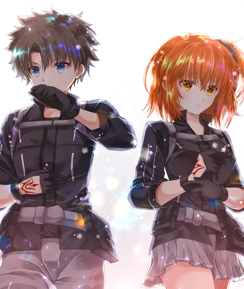 1boy 1girl bag bangs black_gloves black_jacket black_scrunchie blue_eyes blush brown_eyes brown_hair closed_mouth command_spell commentary_request covered_mouth eyebrows_visible_through_hair fate/grand_order fate_(series) fujimaru_ritsuka_(female) fujimaru_ritsuka_(male) gloves grey_pants grey_skirt hair_between_eyes hair_ornament hair_scrunchie highres iroha_(shiki) jacket long_sleeves one_side_up orange_hair pants pleated_skirt satchel scrunchie skirt v-shaped_eyebrows white_background