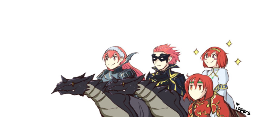 armor axe black_hair blush cape dragon fire_emblem fire_emblem:_kakusei fire_emblem:_mystery_of_the_emblem gloves hairband headband ippers jerome_(fire_emblem) long_hair maria_(fire_emblem) mask minerva_(fire_emblem) mother_and_daughter open_mouth red_armor red_eyes redhead serge_(fire_emblem) short_hair siblings sisters smile weapon