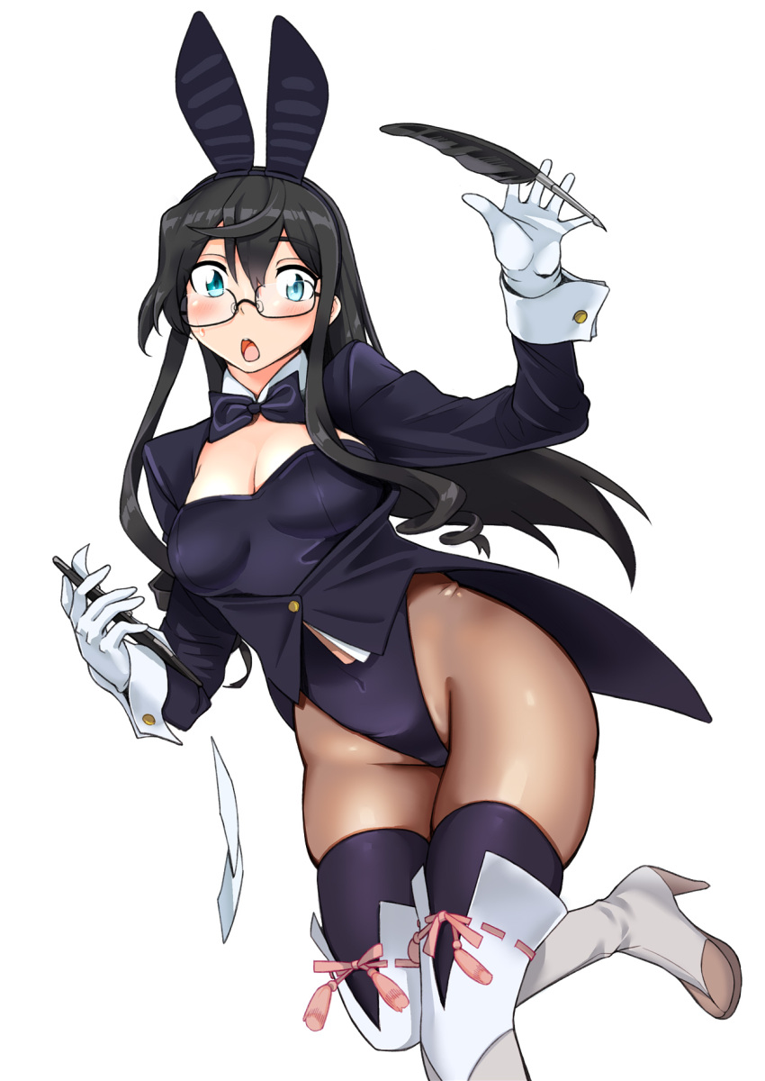 1girl animal_ears bare_shoulders black_hair black_legwear black_leotard blue_eyes blush boots bow bowtie breasts bunnysuit cleavage clipboard detached_collar dri_(drinker-dor) fake_animal_ears glasses gloves highres kantai_collection leotard long_hair ooyodo_(kantai_collection) open_mouth pantyhose pen rabbit_ears semi-rimless_eyewear solo strapless strapless_leotard sweatdrop tailcoat thigh-highs thigh_boots white_background white_gloves wrist_cuffs