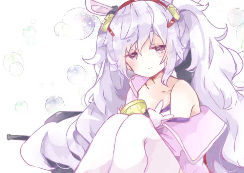 1girl animal_ears azur_lane bangs bare_shoulders blush brown_eyes bubble camisole closed_mouth collarbone commentary_request eyebrows_visible_through_hair hair_between_eyes hair_ornament hairband highres jacket laffey_(azur_lane) long_hair looking_at_viewer off_shoulder pink_jacket rabbit_ears red_hairband silver_hair smile solo thigh-highs tsukiyo_(skymint) twintails very_long_hair white_background white_camisole white_legwear