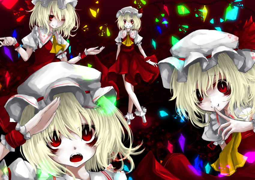 4girls aizettonagi blonde_hair clone fang fangs finger_to_mouth flandre_scarlet four_of_a_kind_(touhou) hands highres looking_at_viewer multiple_girls one_eye_closed open_mouth red_eyes shrug slit_pupils smile the_embodiment_of_scarlet_devil touhou wide-eyed wings
