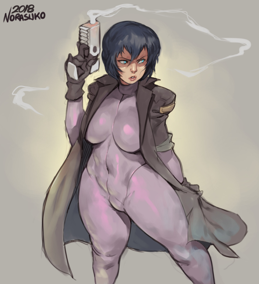 1girl 2018 black_gloves black_hair blue_eyes bodysuit breasts commentary covered_navel cyberpunk ghost_in_the_shell gloves gun handgun highres jacket kusanagi_motoko large_breasts lips looking_to_the_side making_of norasuko nose open_clothes open_jacket pistol short_hair sketch sleeves_rolled_up smoke smoking_gun solo standing thick_thighs thighs trench_coat weapon