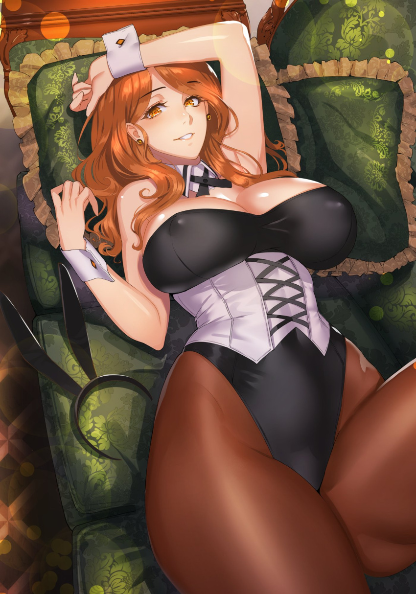 1girl animal_ears arm_up bangs bare_shoulders black_leotard blush breasts cleavage corset couch cross-laced_clothes daglasses detached_collar earrings highleg highleg_leotard highres hips jewelry large_breasts leotard long_hair looking_at_viewer lying on_back orange_eyes orange_hair original pantyhose pillow rabbit_ears smile solo strapless strapless_leotard thighs underbust waist wrist_cuffs
