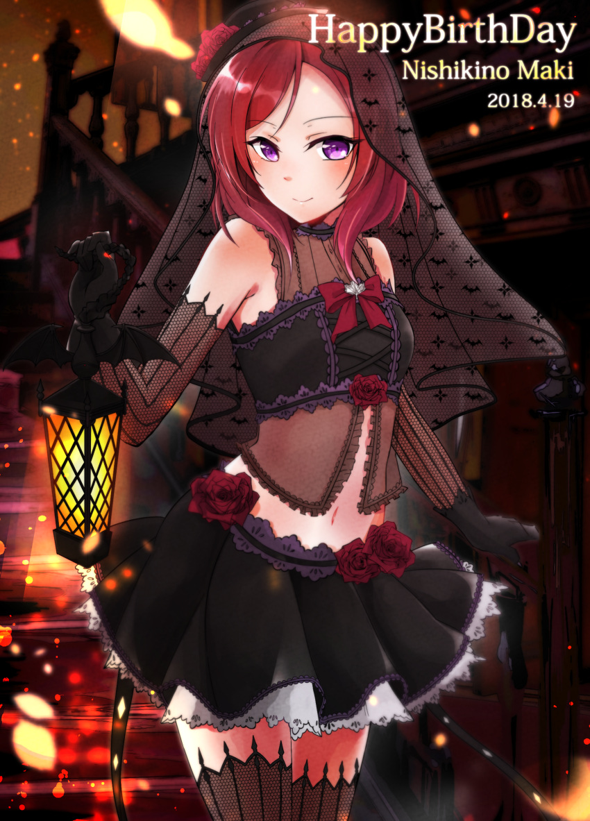 1girl absurdres black_dress black_gloves blush bow breasts character_name commentary_request cowboy_shot dated dress elbow_gloves fishnet_legwear fishnets flower gloves gothic_lolita happy_birthday highres lantern lolita_fashion love_live! love_live!_school_idol_festival love_live!_school_idol_project navel nishikino_maki redhead rose rurika_seijin short_hair small_breasts smile solo stairs thigh-highs veil violet_eyes zettai_ryouiki