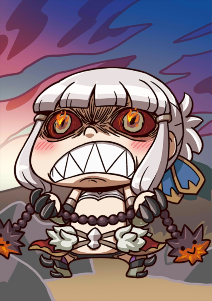 1girl :&gt; angry april_fools blush burning_eyes chibi claws fate/grand_order fate_(series) fire flail highres official_art penthesilea_(fate/grand_order) riyo_(lyomsnpmp) scowl shaded_face sharp_teeth silver_hair solid_circle_eyes solo teeth weapon